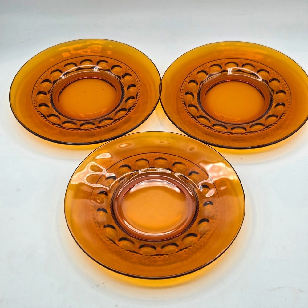 3 Vintage Indiana Glass Amber Kings Crown Thumbprint Luncheon Salad Plates 8.25"